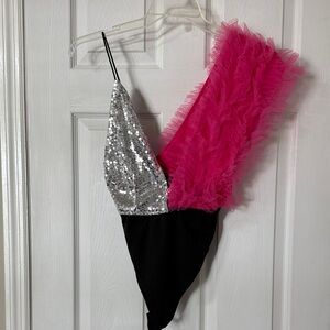 Pink Ruffle One-Shoulder Sequin Bodysuit